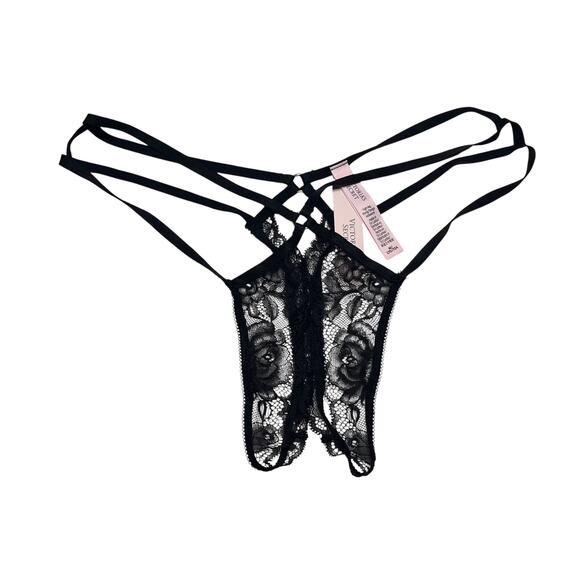 Victoria's Secret Very Sexy Rose Lace Crotchless Panty Black Size Medium - Picture 2 of 2
